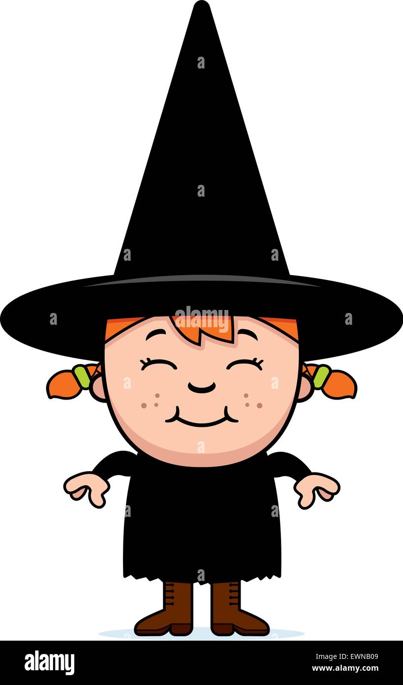 Une bonne caricature kid witch standing and smiling. Illustration de Vecteur