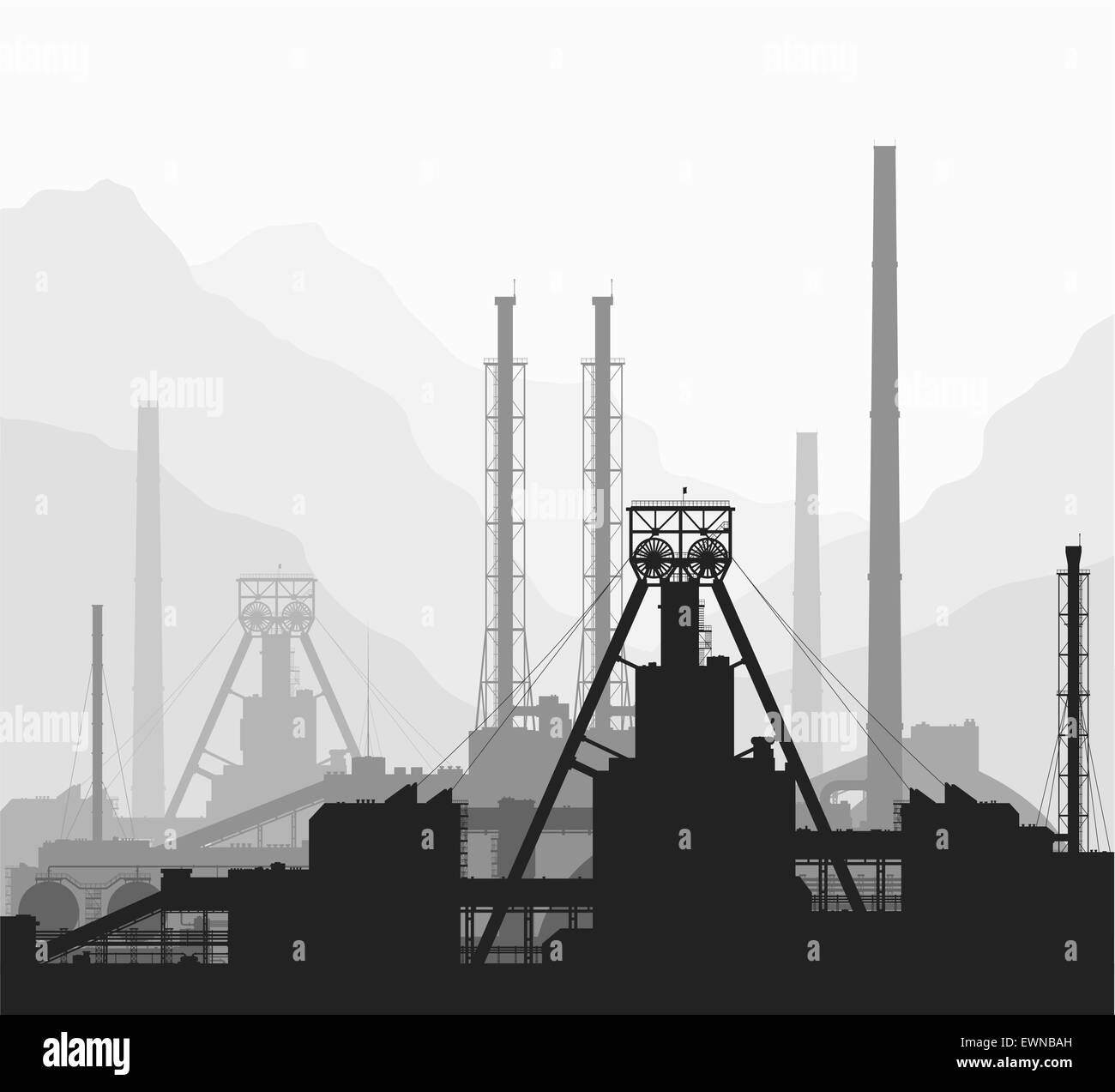 Les engrais minéraux plante sur une grande chaîne de montagnes. Noir et blanc illustration vectorielle détaillée d'un grand plan de fabrication Illustration de Vecteur