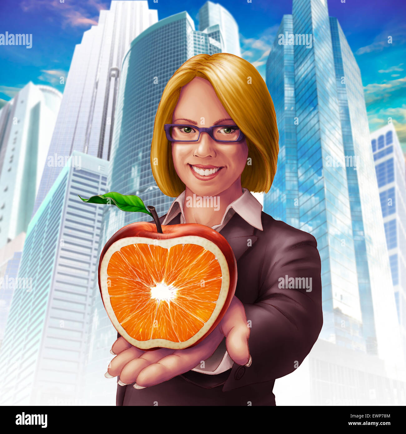 Businesswoman holding la moitié de pâte orange avec Apple en tant que concepts de fusion génétique Banque D'Images