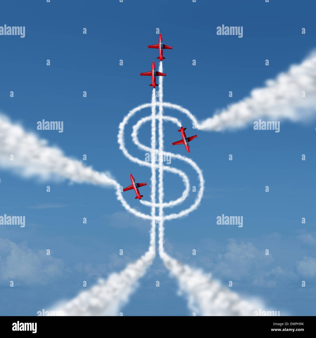 Concept Réalisation d'argent comme un groupe d'avions acrobatiques dans un airshowor des avions volant dans le ciel de la création d'une traînée de fumée en forme de signe du dollar comme une métaphore et symbole d'financialsuccess avec planification organisée. Banque D'Images