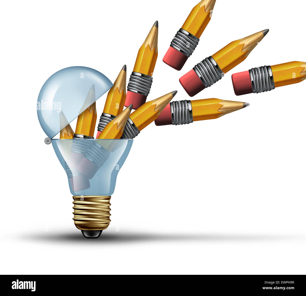 L'imagination et la créativité comme un concept ampoule ampoule ouverte ou symbole de la pensée hors de la boîte avec un groupe de crayons, étant libérés par l'intérieur en tant que réseau créatif de la communication marketing. Banque D'Images