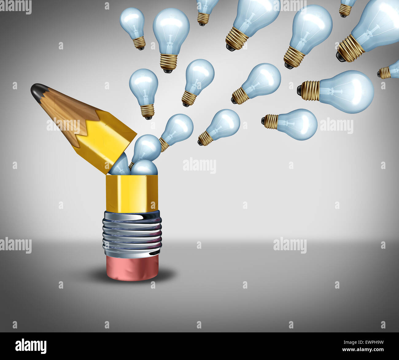 Ouvrir la créativité idée concept comme un symbole de l'imagination pour penser hors de la boîte qu'un crayon à l'ouverture de l'ampoule de libération comme icônes creative marketing communication. Banque D'Images