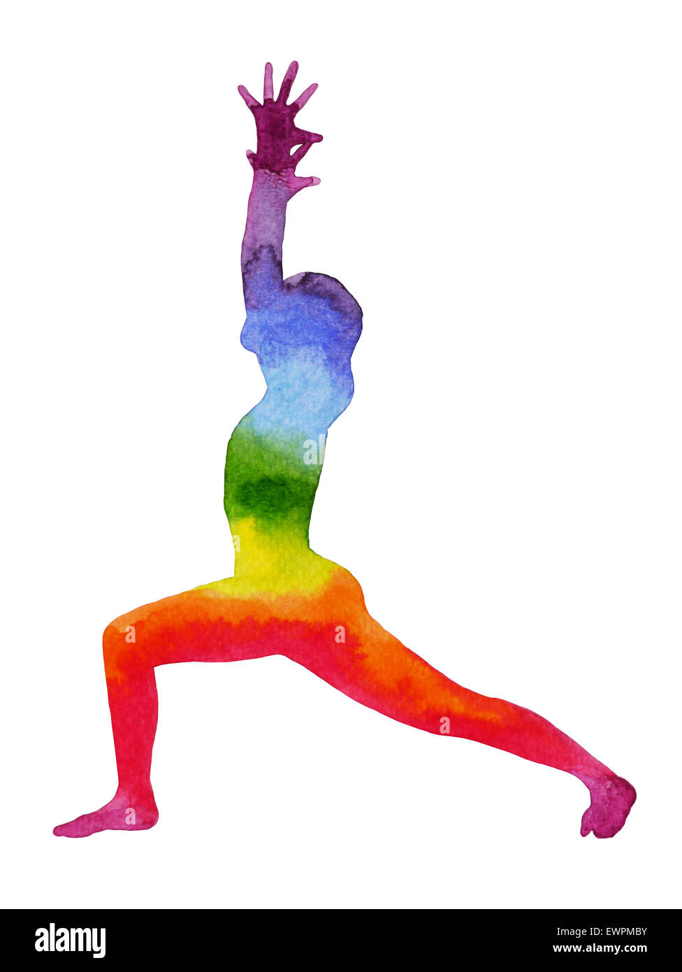 Warrior yoga pose de l'aquarelle, chakra, forts et puissants, arc-en-ciel colorés Banque D'Images