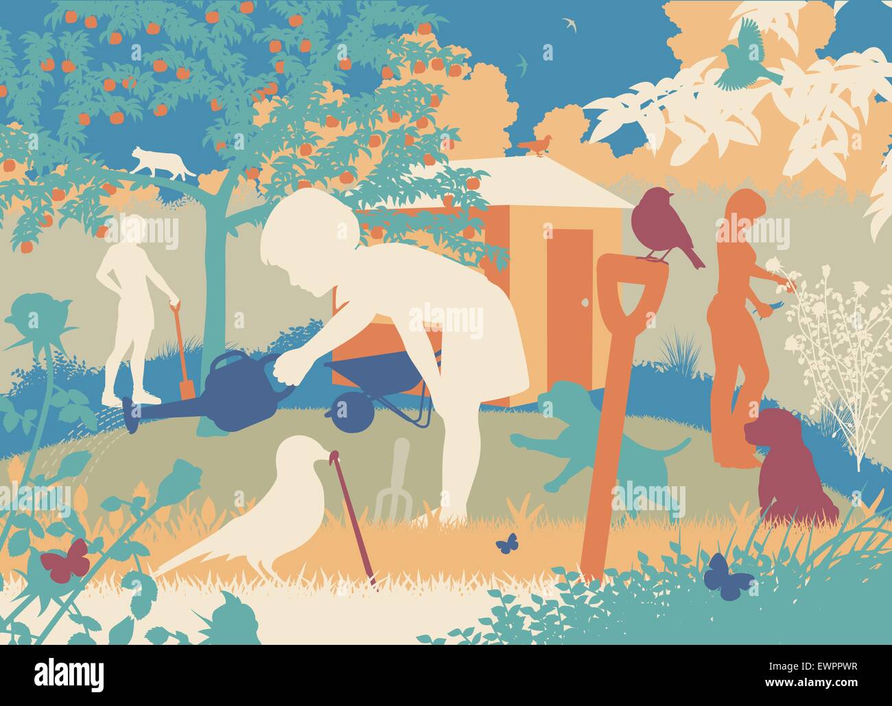 Vector illustration découpe modifiable colorés d'une famille le jardinage avec des chiots et de la faune Illustration de Vecteur Vector illustration découpe modifiable colorés d'une famille le jardinage avec des chiots et de la faune Illustration de Vecteur