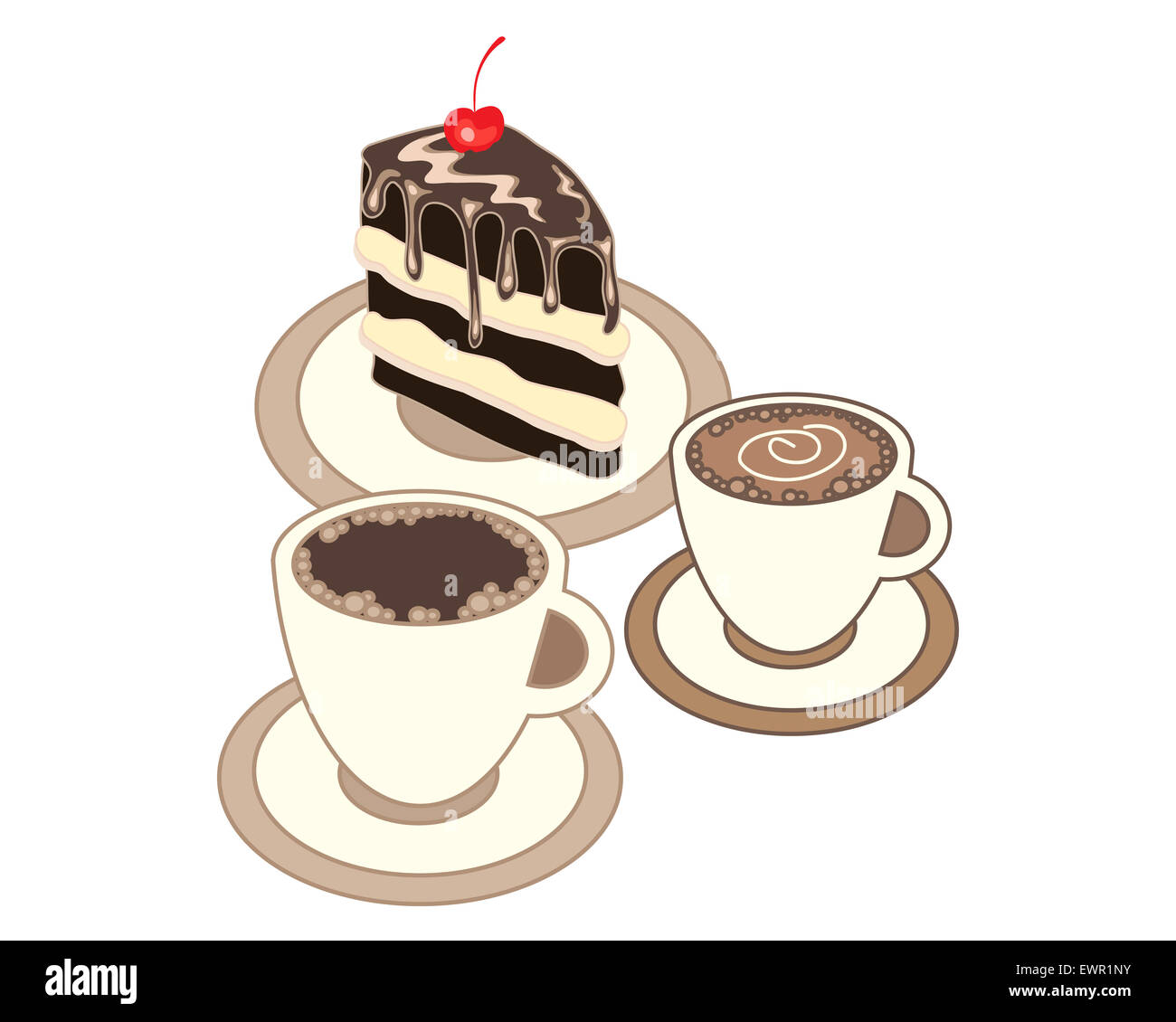 Une illustration de deux tasses de café avec un délicieux morceau de gâteau au chocolat sur un fond blanc Banque D'Images