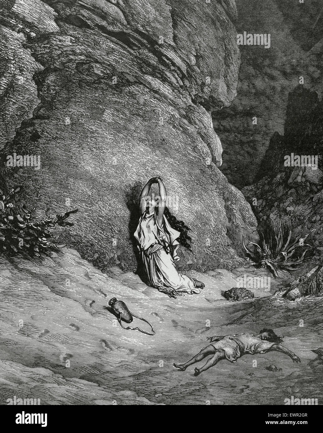 Agar et Ismaël dans le désert. Livre de la Genèse. Ancien Testament. Gravure de Gustave Dore (1832-1883). Banque D'Images