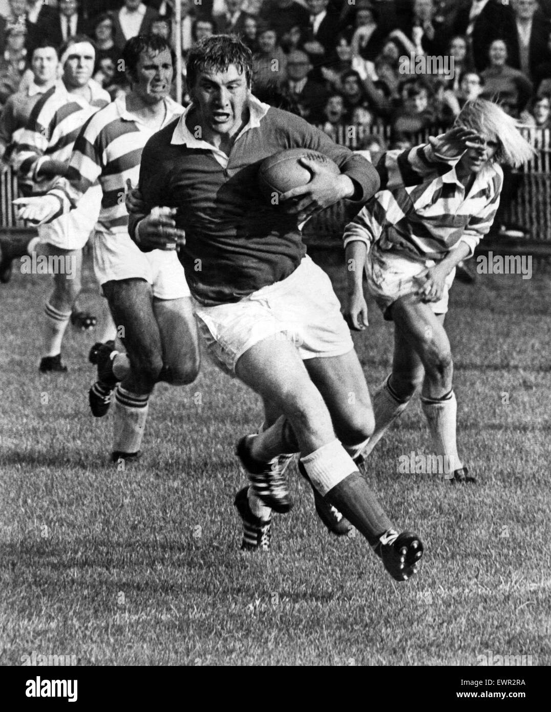 Pays de Galles v Canada rugby match à Cardiff Arms Park. Barry Llewelyn (Llanelli) fonce vers la ligne canadienne pour marquer. 2 octobre 1971. Banque D'Images