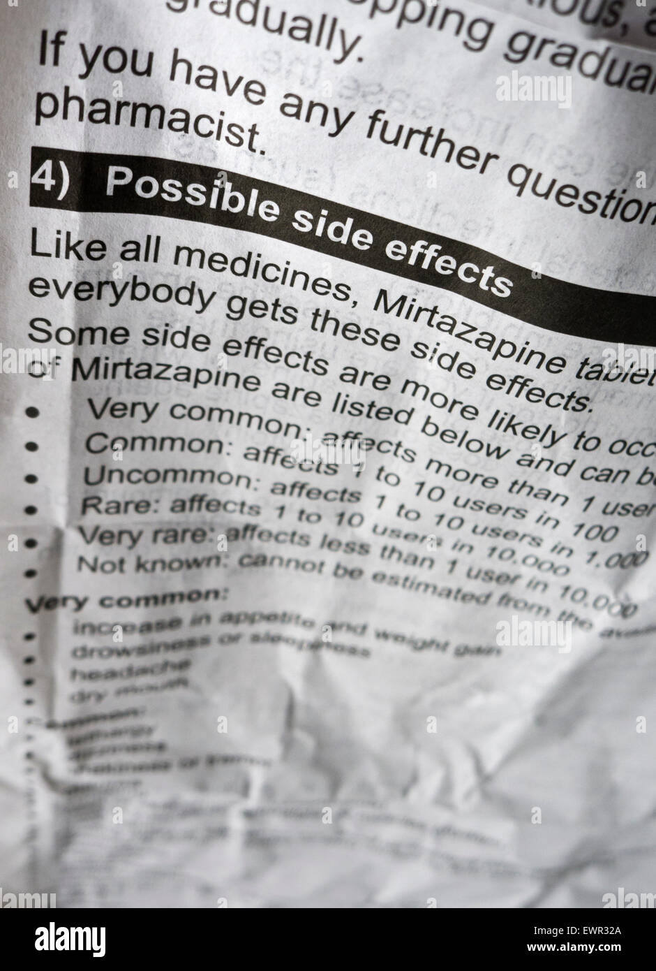 Brochure d'information sur les effets secondaires des médicaments sur ordonnance. Banque D'Images