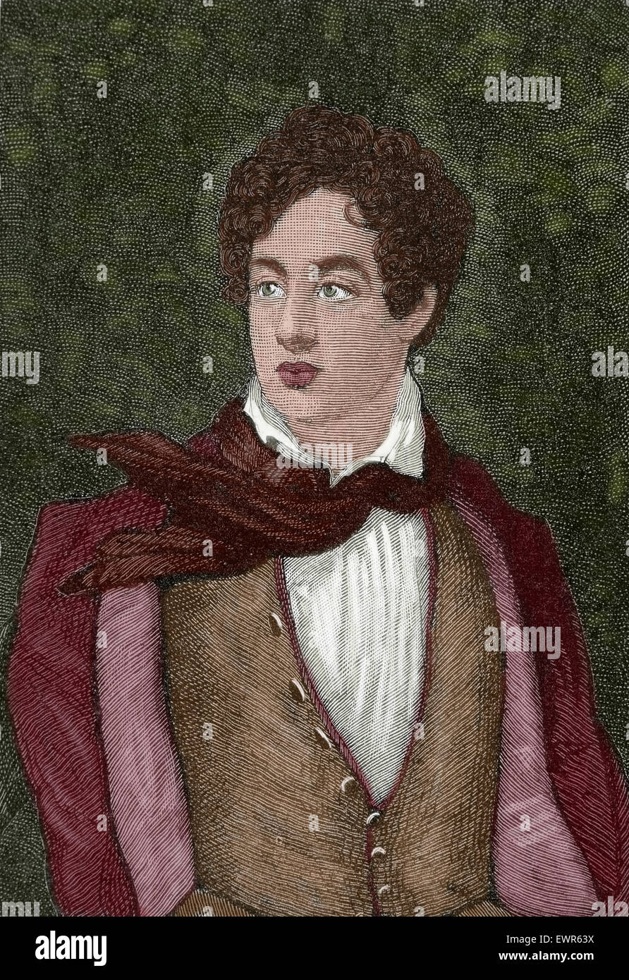 Lord Byron (1788-1824). Poète anglais. Le mouvement romantique. La gravure. De couleur. Banque D'Images