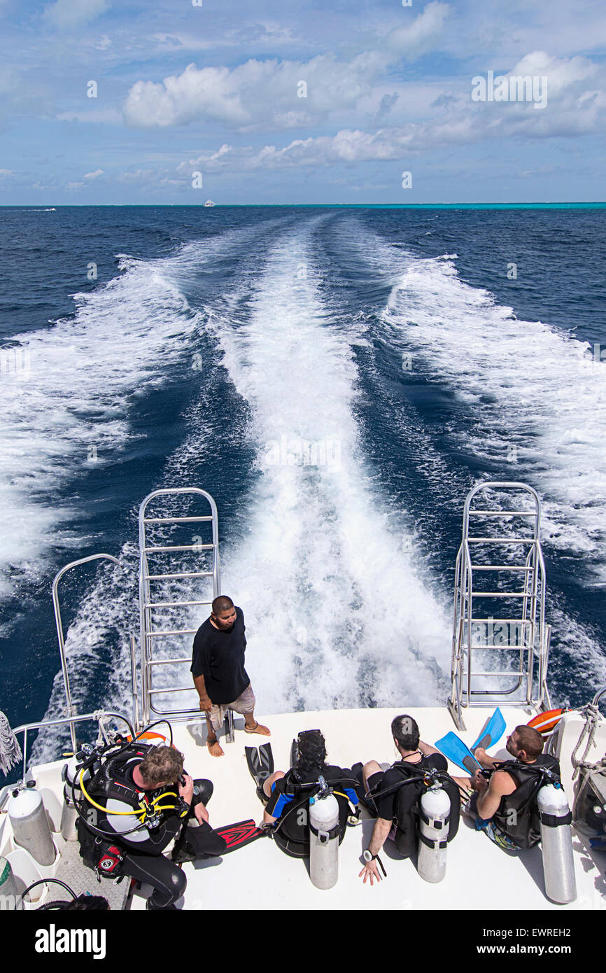 Un groupe de plongeurs de se préparer à partir dans l'eau d'un bateau près de Half Moon Caye Banque D'Images