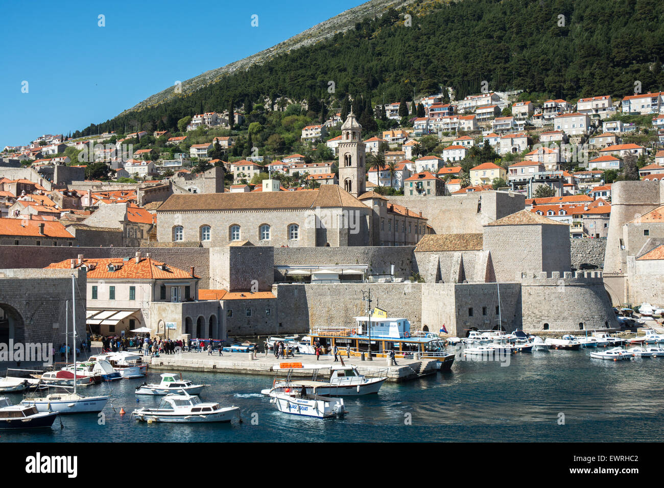Vieux mur de ville et port, Dubrovnik, Croatie Banque D'Images