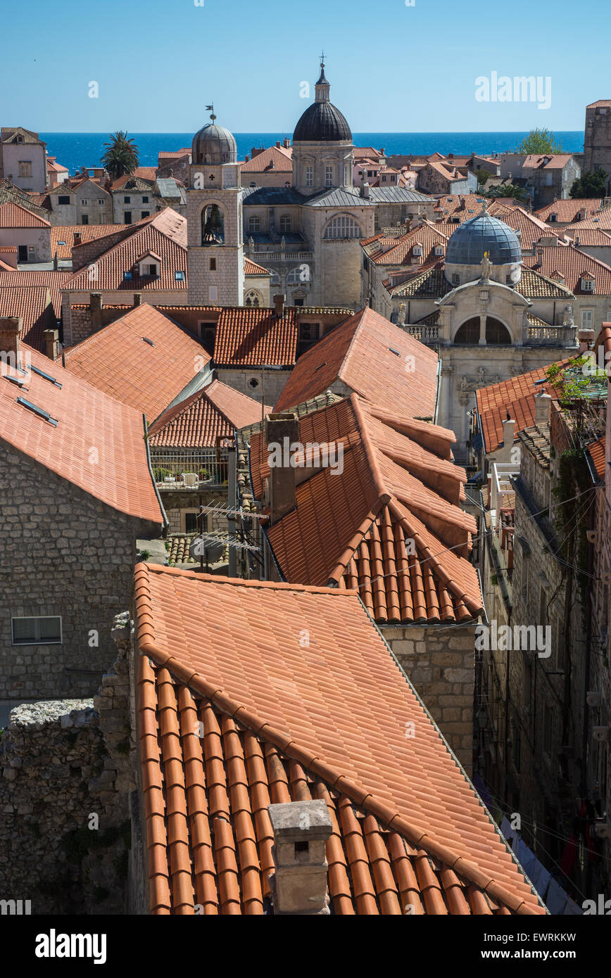 Scène sur le toit de la vieille ville, y compris la tour de l'horloge de l'église St Blaise et la cathédrale-tour du trésor, Dubrovnik, Croatie Banque D'Images