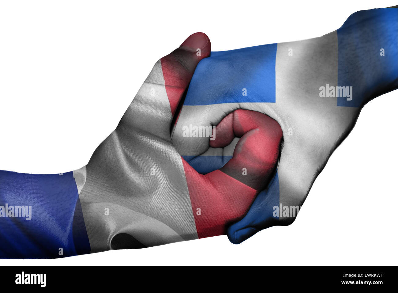 Poignée de main entre diplomatique Pays : drapeaux de la France et la Grèce surimprimées les deux mains Banque D'Images