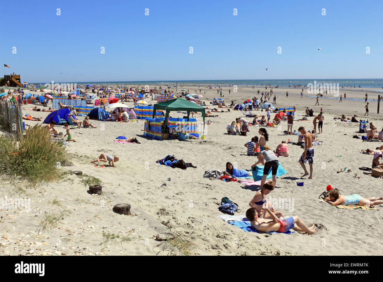 West Wittering Beach, West Sussex, UK. 30 Juin, 2015. Sur la journée la plus chaude de l'année, la température atteignait 26 degrés sur la côte sud de West Wittering. Des milliers d'adorateurs du soleil prendre à la plage de sable avec une douce brise et des ciels bleus faire une journée parfaite. Credit : Julia Gavin UK/Alamy Live News Banque D'Images