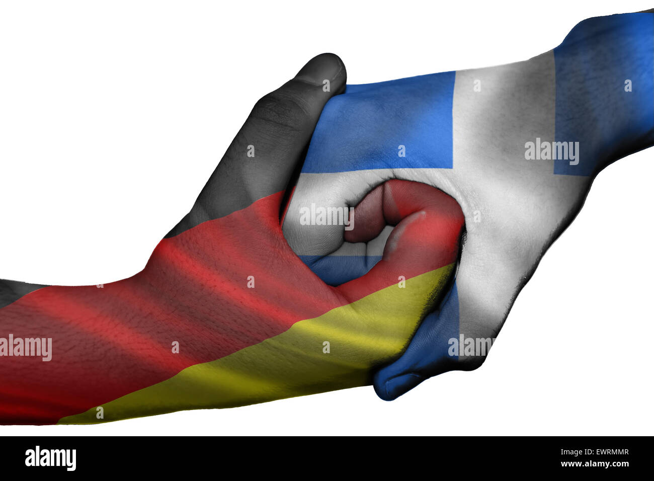 Poignée de main entre diplomatique Pays : drapeaux de l'Allemagne et la Grèce surimprimées les deux mains Banque D'Images