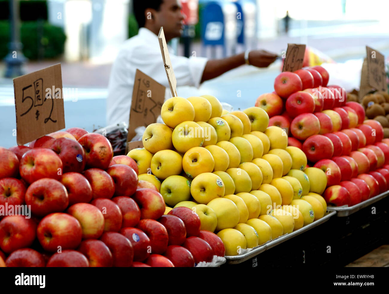 Nouveau client chez Apple, Haymarket Square Farmers Market, North End, Boston, Massachusetts, USA Banque D'Images