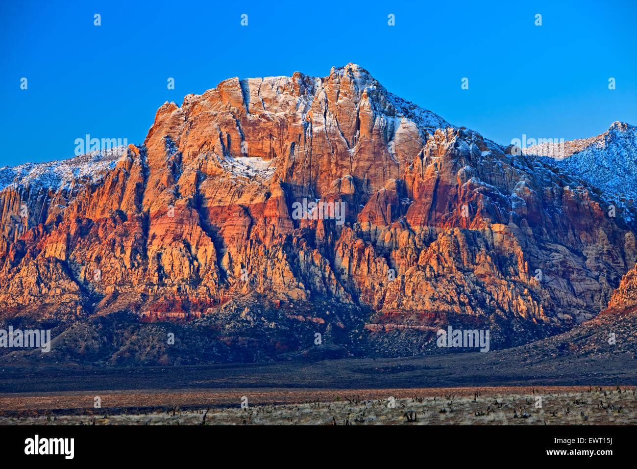 Spring Mountains, Red Rock Canyon National Conservation Area, Spring Mountain Range couvert de neige fraîche, vu de Red Rock Banque D'Images