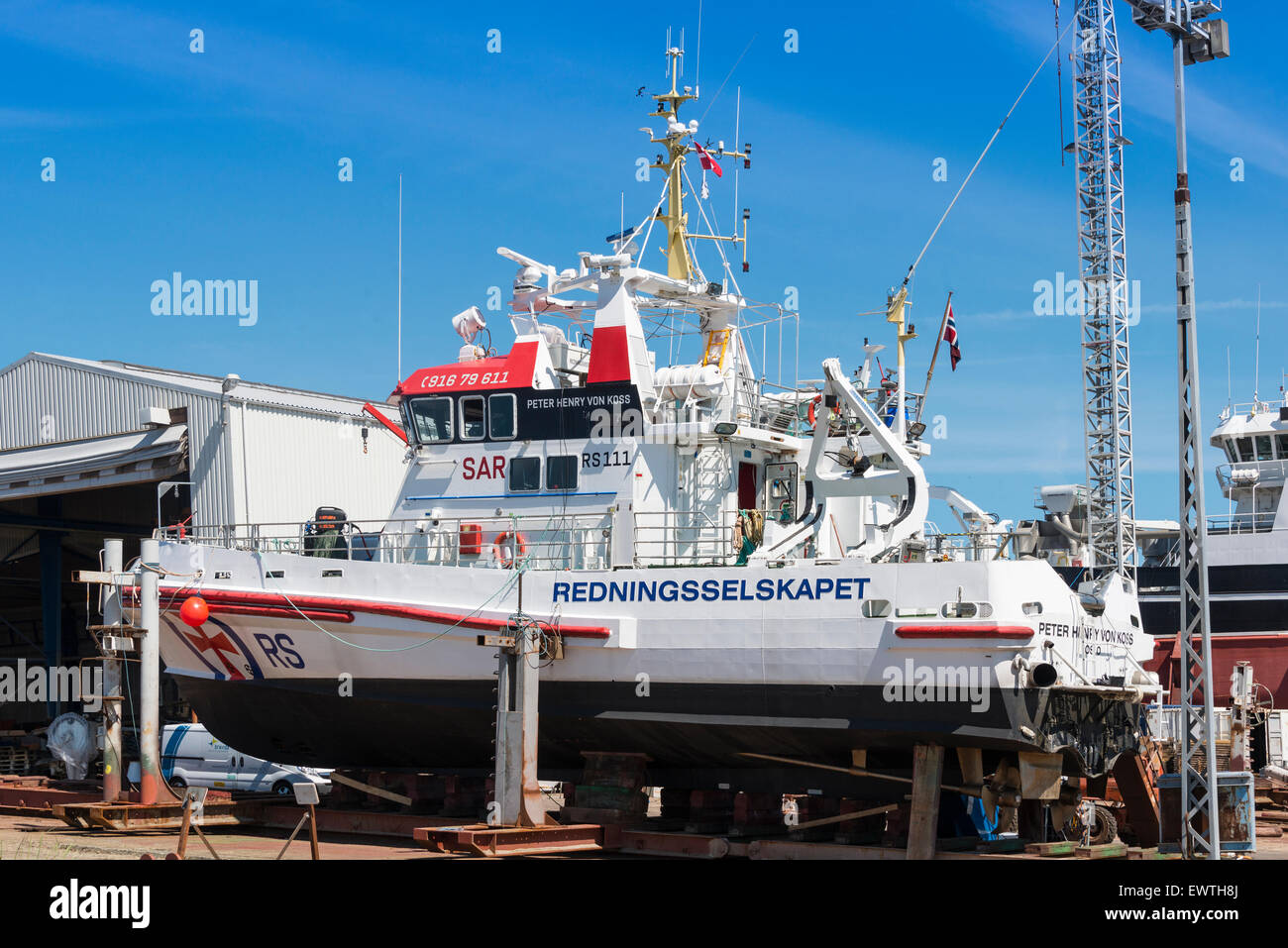 Bateau de sauvetage de classe Severn en cale sèche, Skagen, Région Nord du Jutland, Danemark Banque D'Images