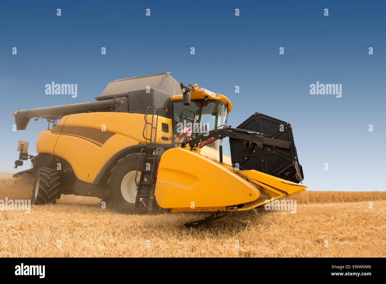 A proximité de la moissonneuse-batteuse moderne en action. Banque D'Images