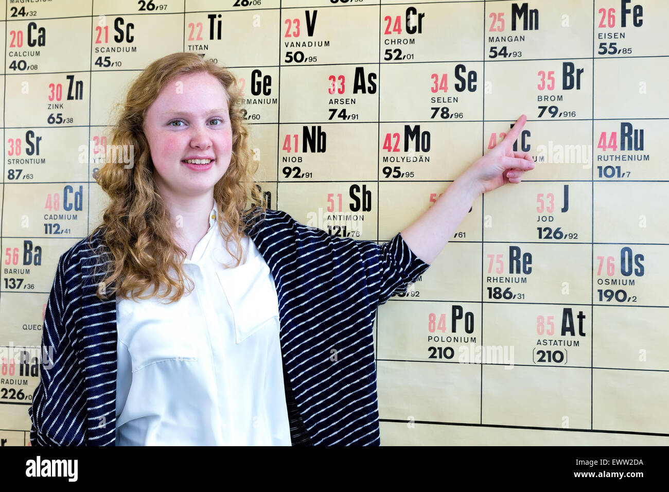 Portrait of teenage girl pointing finger au tableau périodique en classe à l'école de chimie Banque D'Images