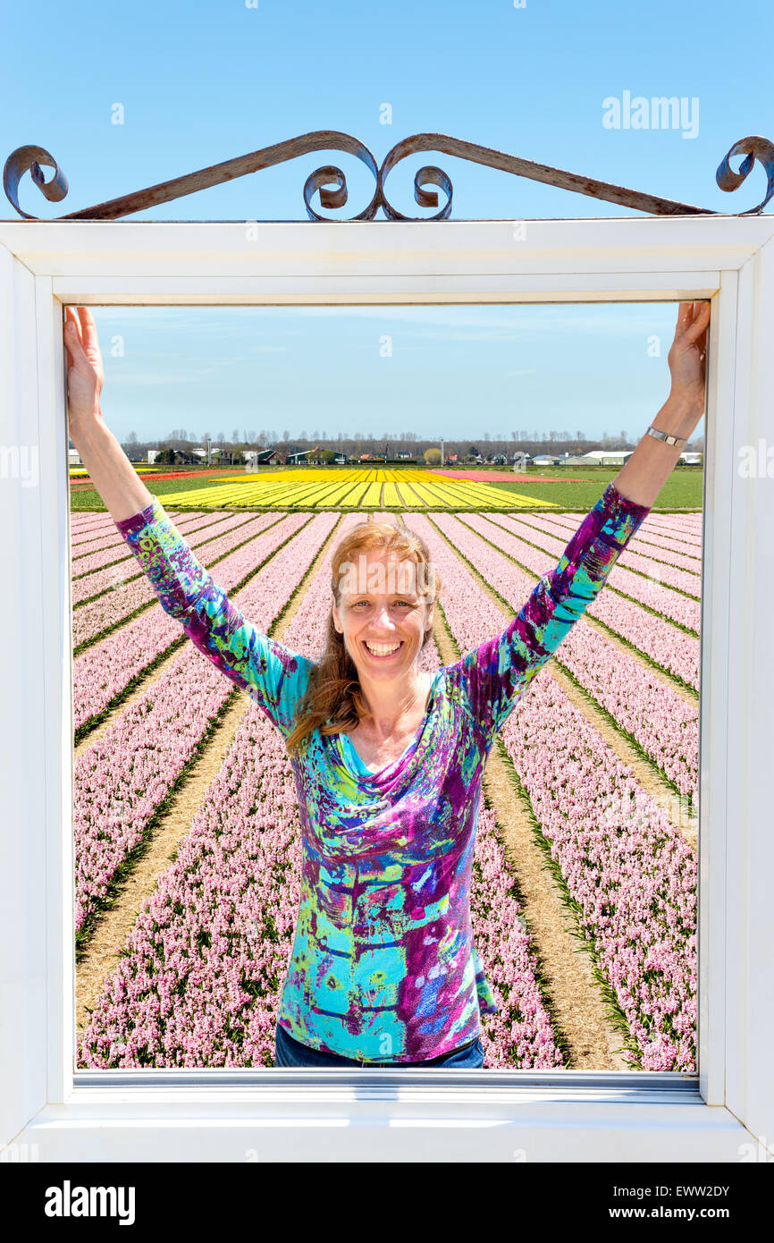 Happy caucasian middle aged woman standing in fenêtre à champ de fleurs roses en Hollande Banque D'Images