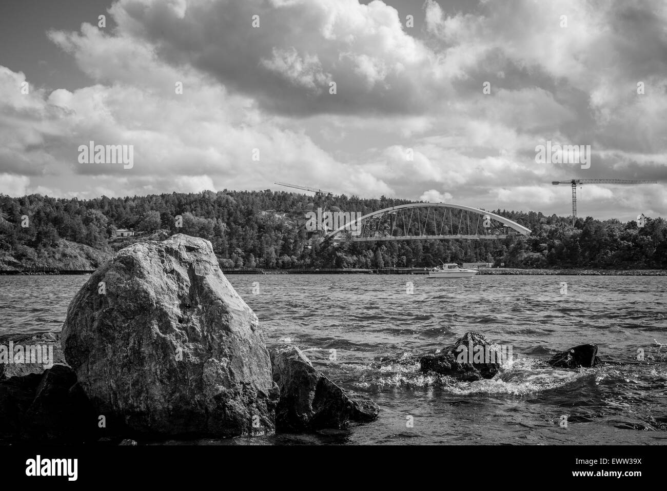 Photo en noir et blanc des quais de Stockholm. Banque D'Images