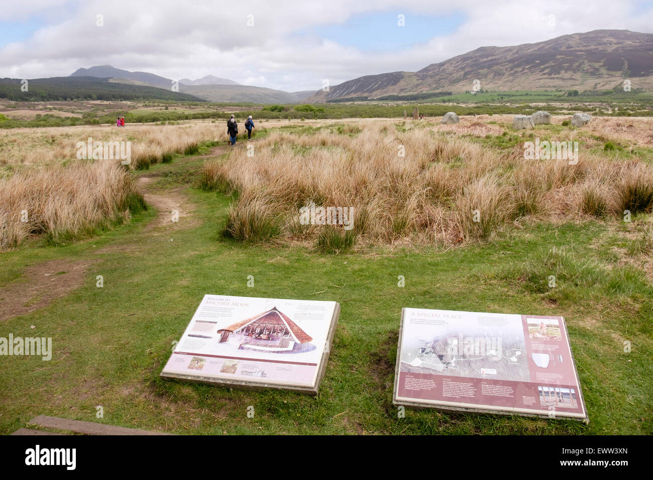 Panneaux d'informations pour visiteur Machrie Moor cercles de pierre sur l'île d'Arran, North Ayrshire, Strathclyde, Écosse, Royaume-Uni, Angleterre Banque D'Images