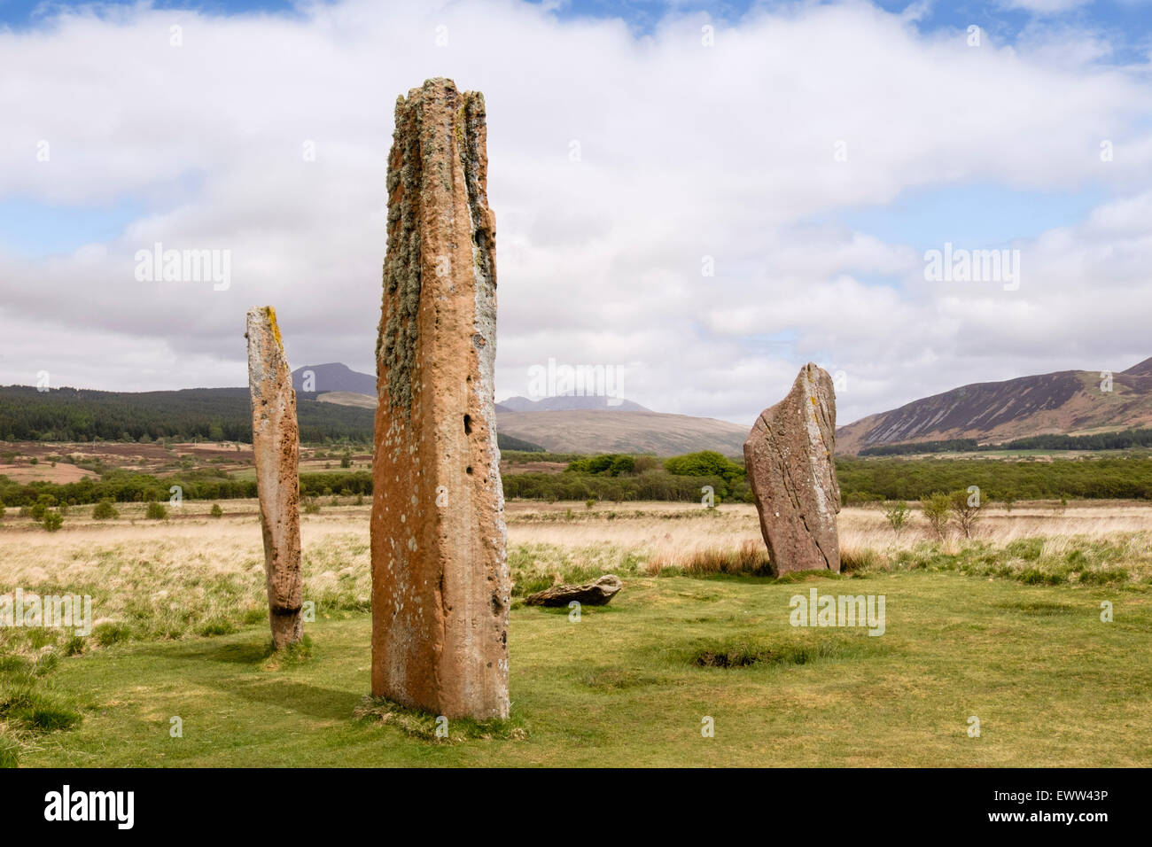 Menhirs néolithiques de grès rouge à Machrie Moor stone cercles sur Isle of Arran North Ayrshire Strathclyde en Écosse Royaume-Uni Grande-Bretagne Banque D'Images