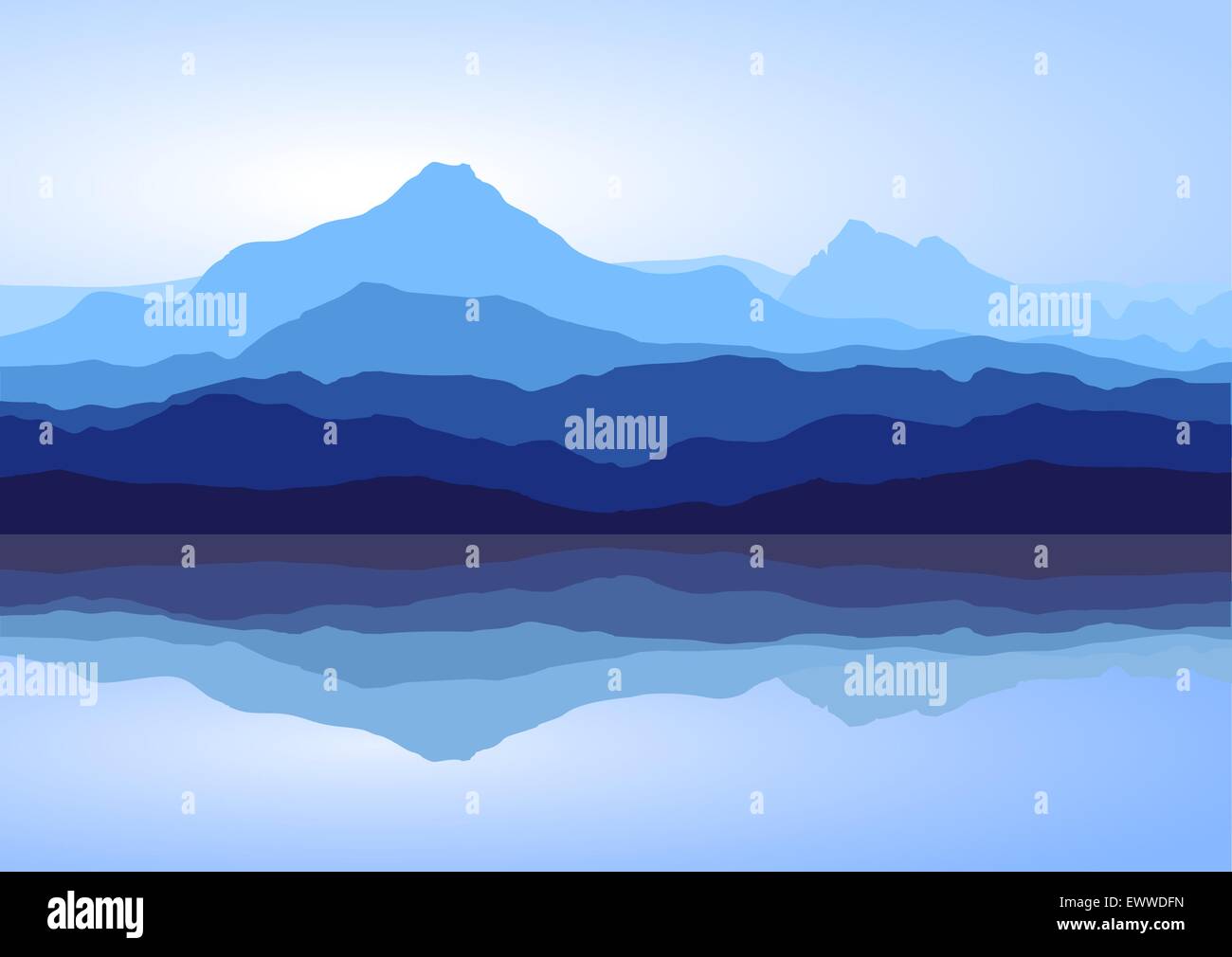 Vue sur les montagnes bleues avec réflexion dans le lac Illustration de Vecteur