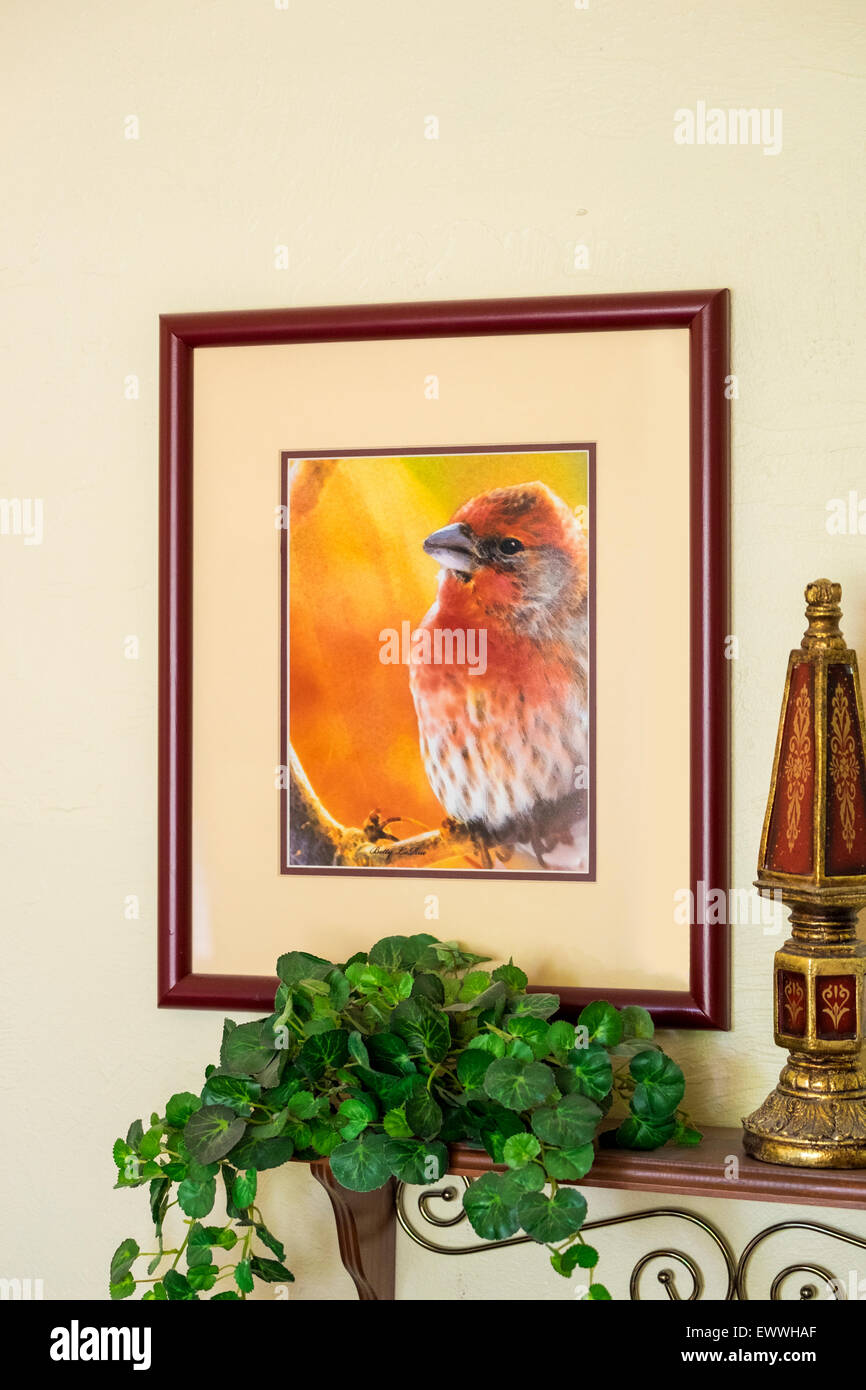 Une photographie d'un oiseau artistique se bloque sur le mur avec une étagère avec des décorations. Une décoration d'arrangement. USA Banque D'Images