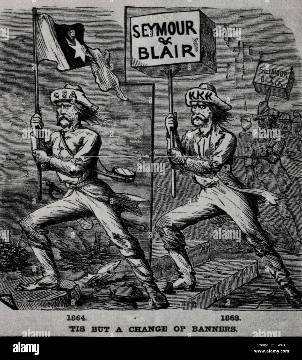 Seymour et Blair - tis, mais un changement de bannières. Caricature politique dans le Harper's Weekly, montrant un ancien soldat confédéré de passer à un cap KKK et soutenir le ticket 1868 de Seymour et Blair Banque D'Images