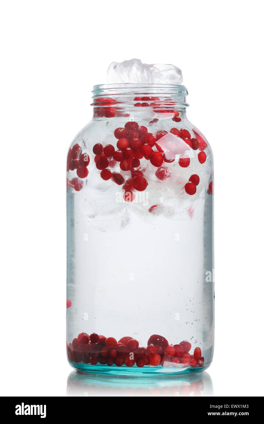 Detox de canneberges de l'eau dans un bocal de verre. L'eau glacée saine avec canneberges infusées, airelle rouge et citron Banque D'Images