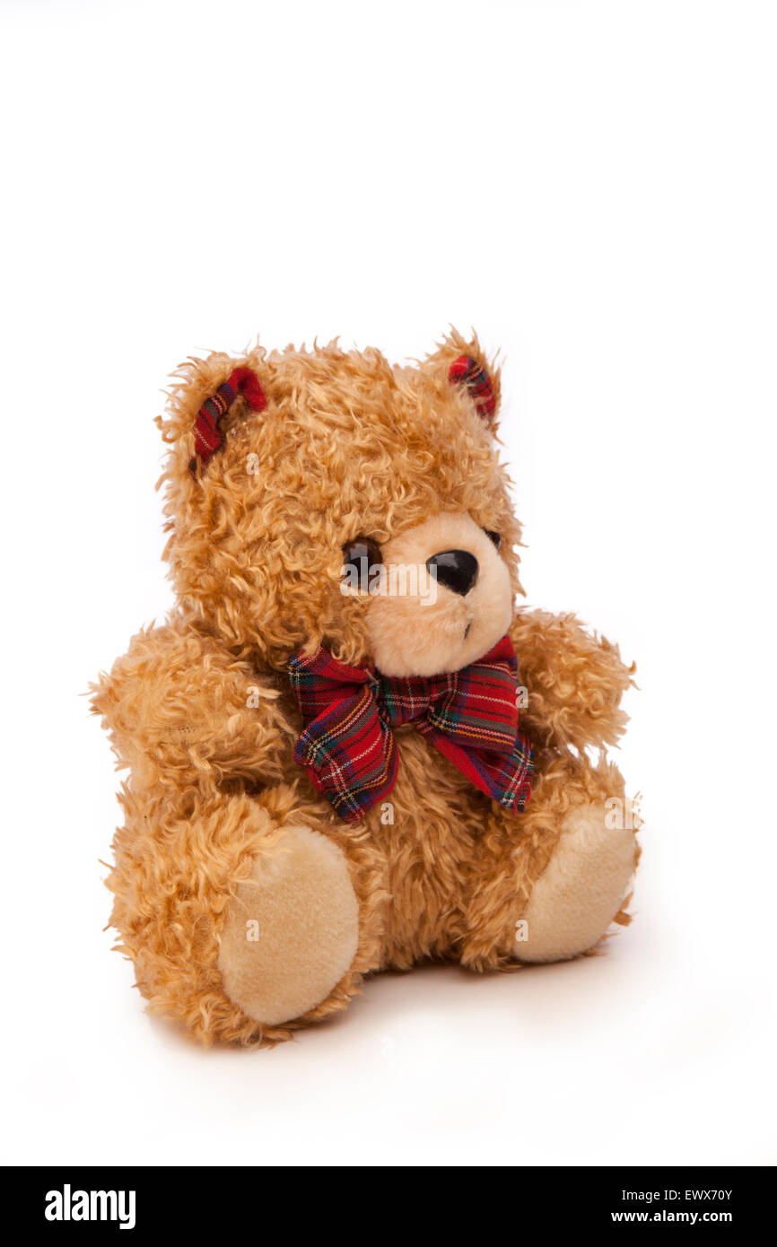 Les jouets, d'enfant petit ourson hirsute gras avec col rond ruban tartan Banque D'Images