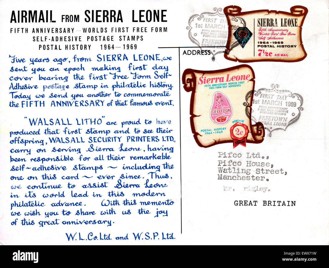 La philatélie, la Sierra Leone, 1969 5e anniversaire de la première journée et un format de timbres auto-adhésif Banque D'Images