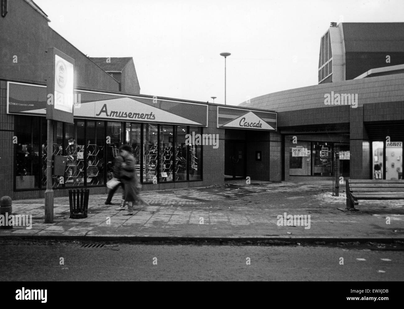 La gare routière de Middlesbrough, Teesside, 16 janvier 1987. Banque D'Images