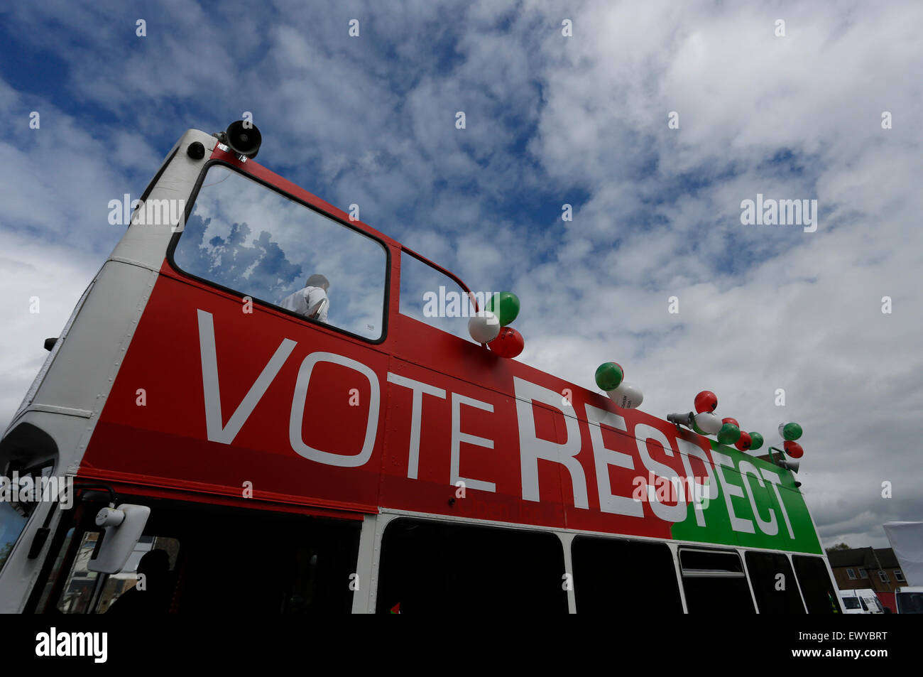 George Galloway's Respect Party bus, le jour de l'élection générale 2015. Banque D'Images