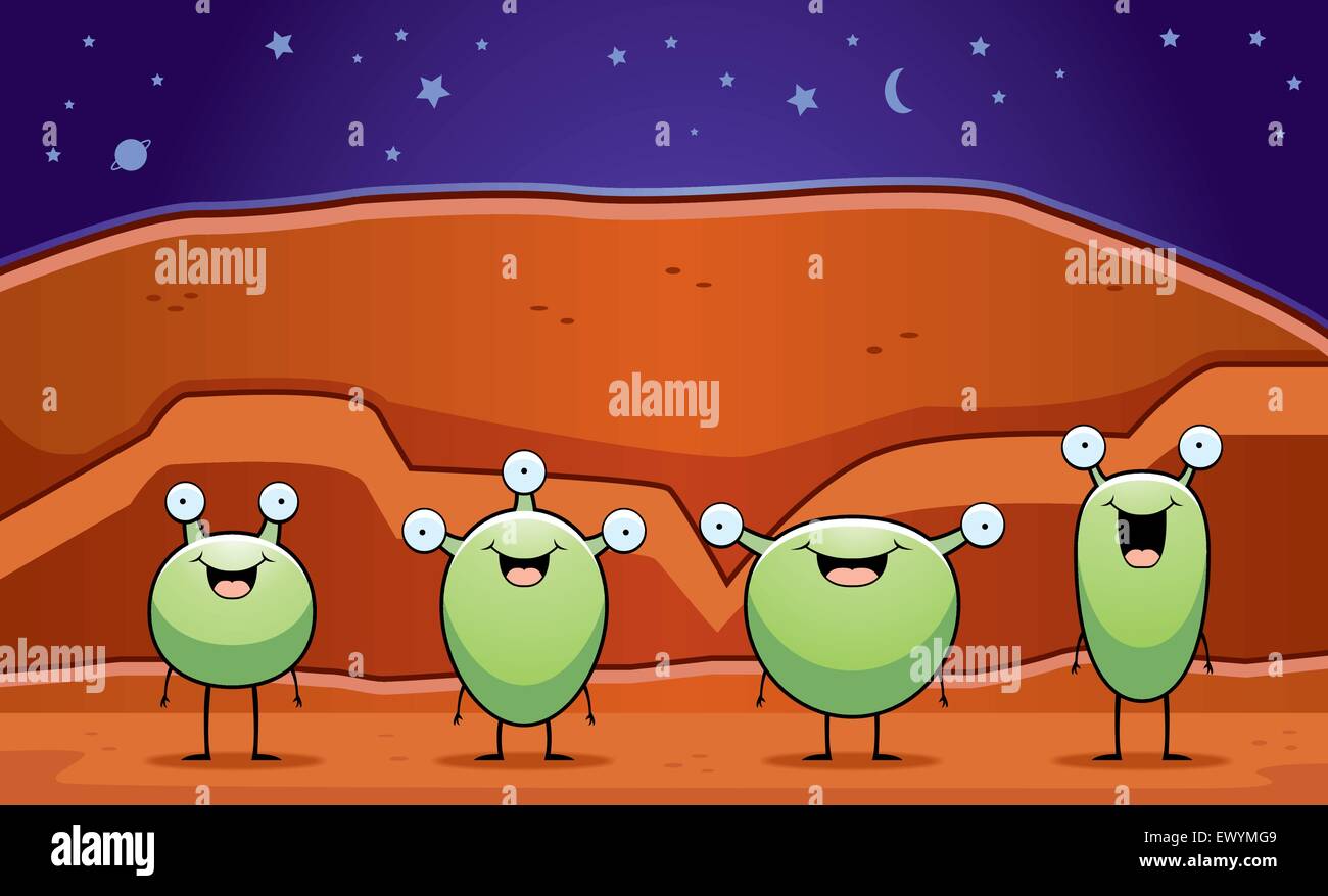 Un groupe de petits martiens cartoon sur Mars. Illustration de Vecteur