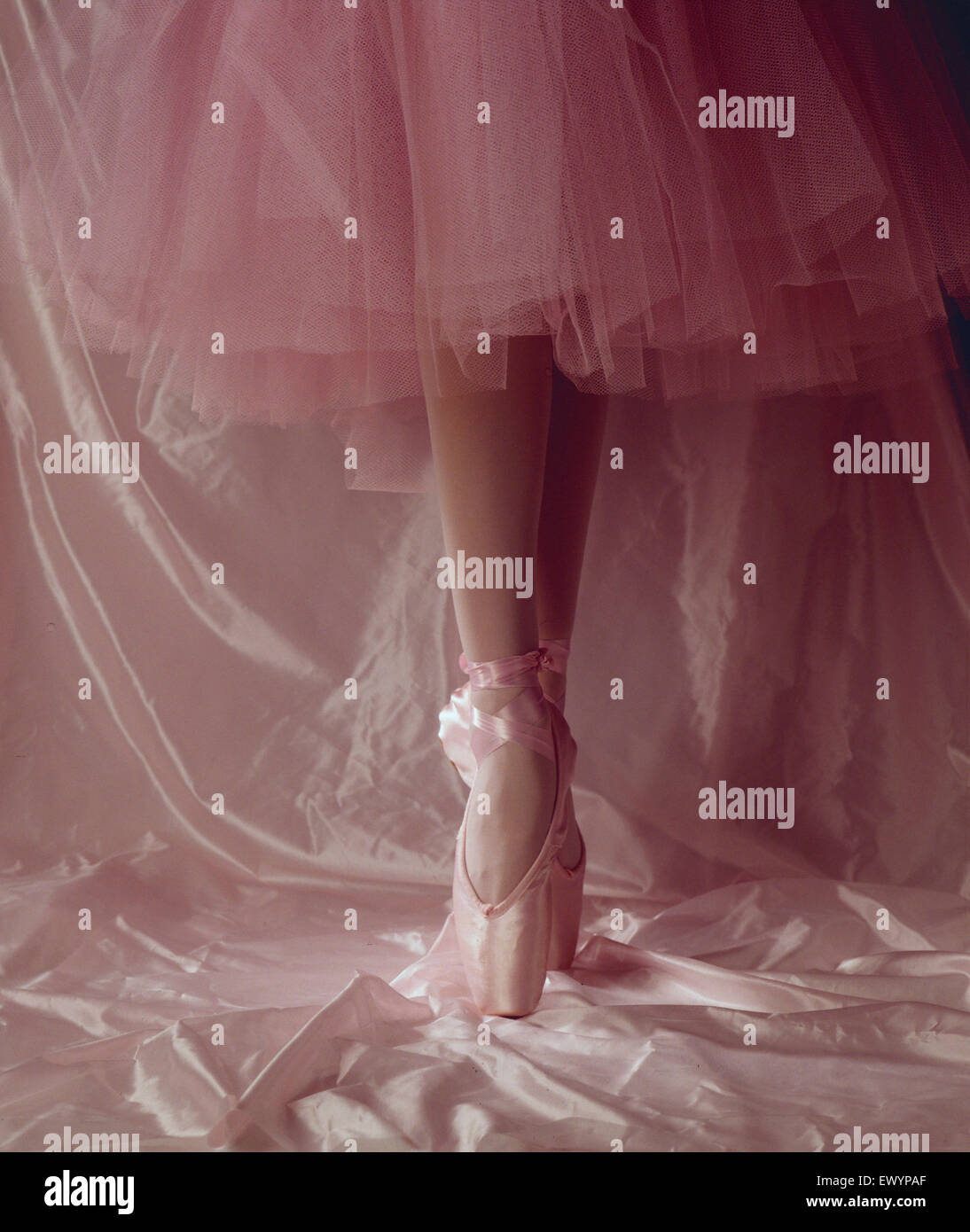 Les jambes d'un danseur de ballet, le port de chaussures de sécurité, en collants et tutu rose, sur un fond rose. Banque D'Images