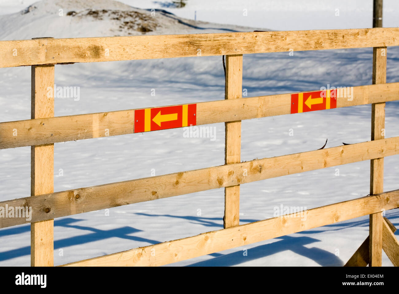 Flèche colorée sur les panneaux de clôture en bois Banque D'Images