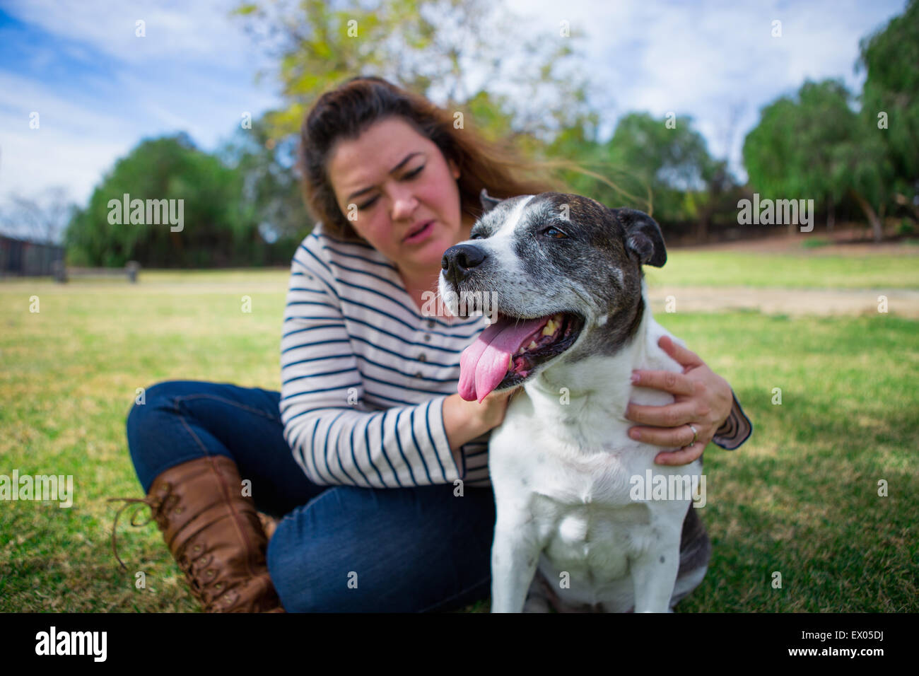 Young woman petting old dog in park Banque D'Images