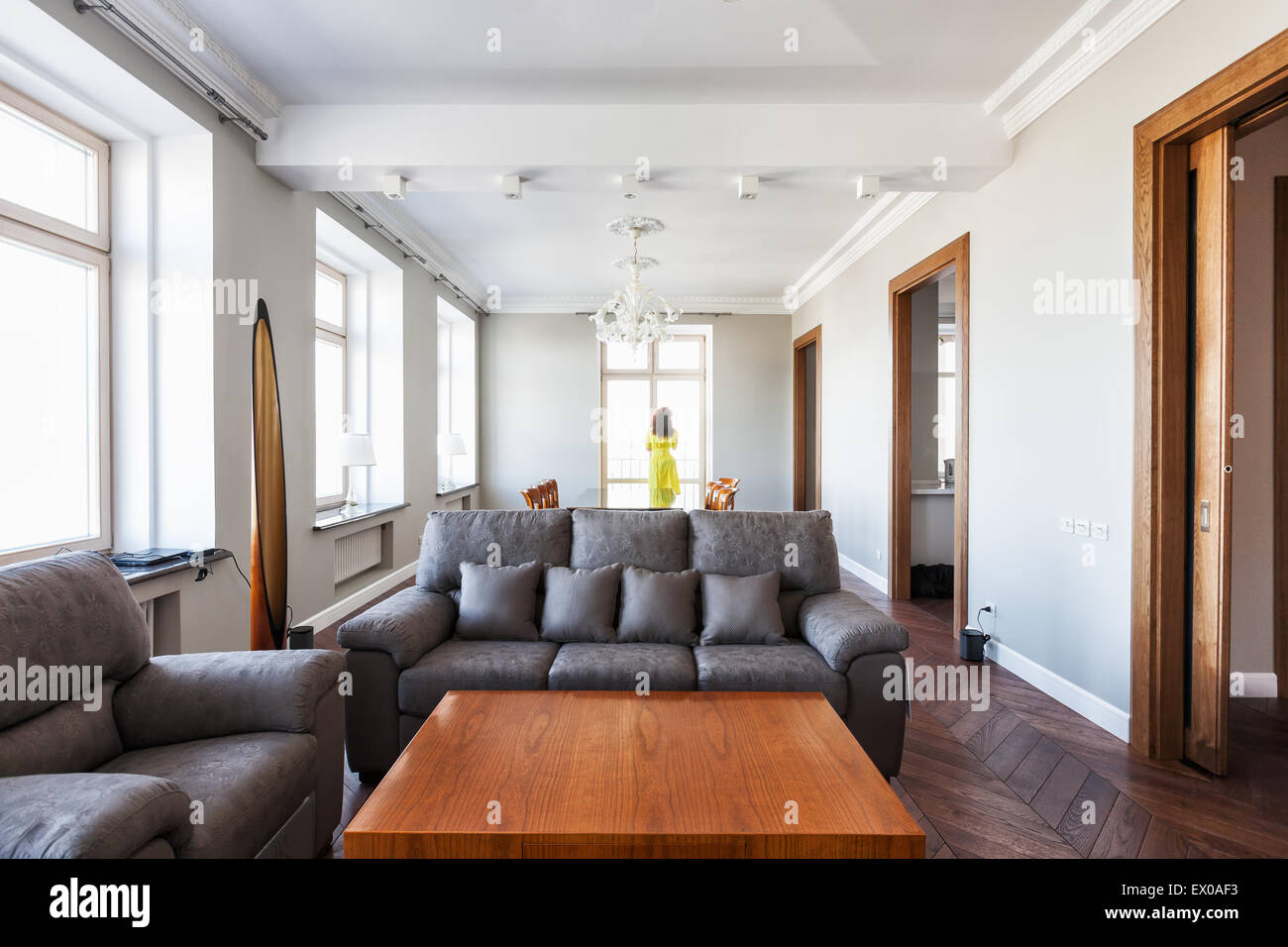 Salon moderne de l'intérieur. Jeune femme debout en face de la fenêtre, vue arrière Banque D'Images