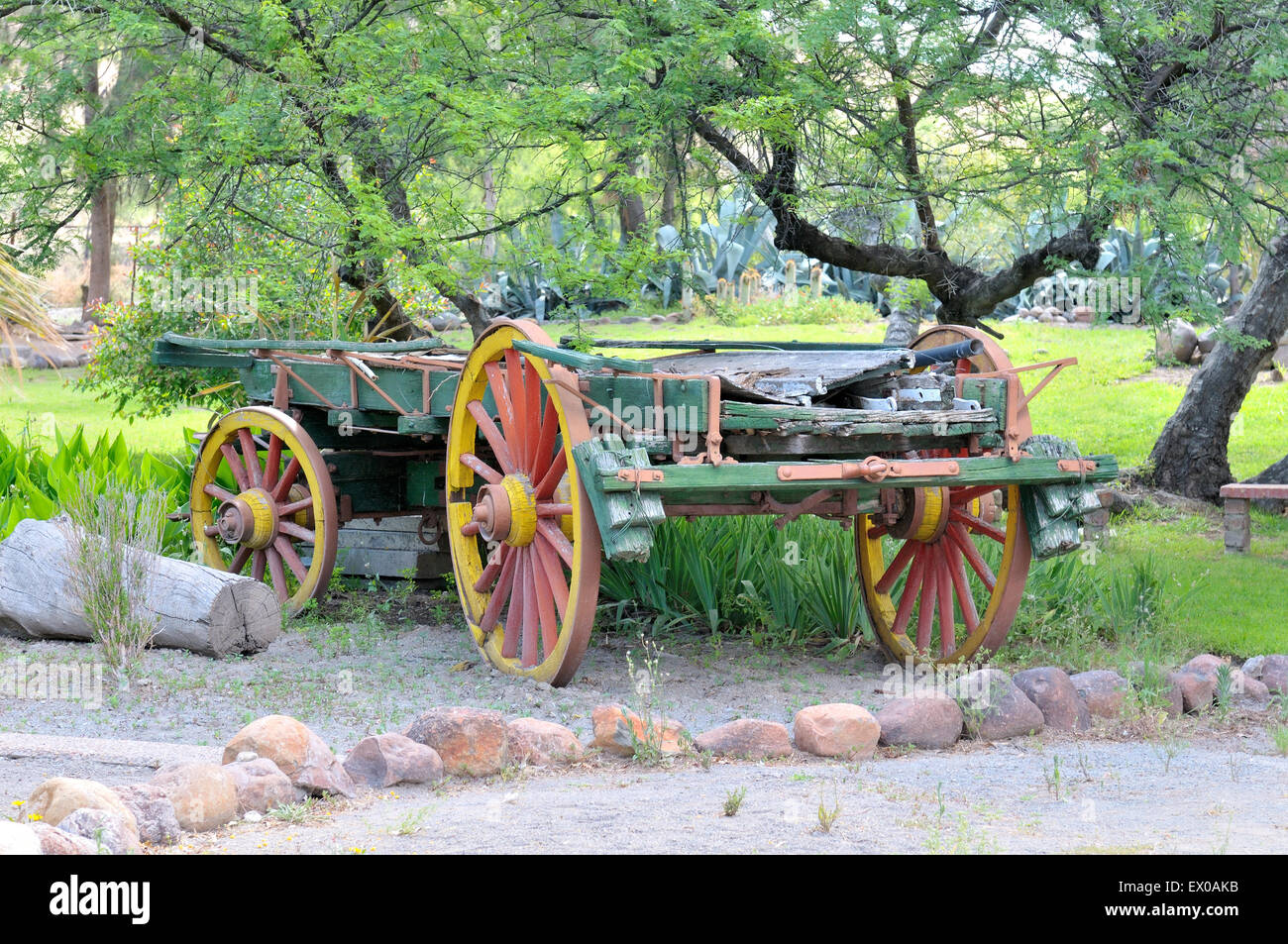 Quatre roues historiques ox-charrette sur l'affichage à Beaufort West dans la province du Cap du Nord de l'Afrique du Sud Banque D'Images
