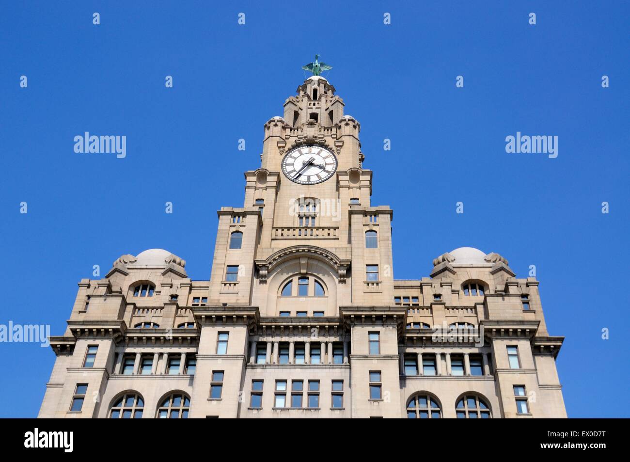 Le Royal Liver Building tour de l'horloge et d'oiseaux du foie à Pier Head, Liverpool, Merseyside, England, UK, Europe de l'Ouest. Banque D'Images