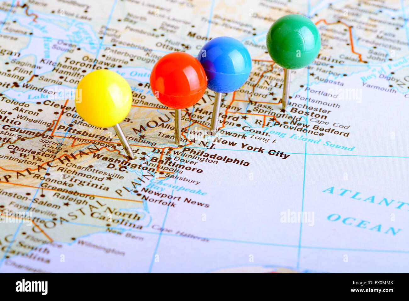 Plan macro sur une carte de la côte Est des États-Unis montre les principales villes Banque D'Images