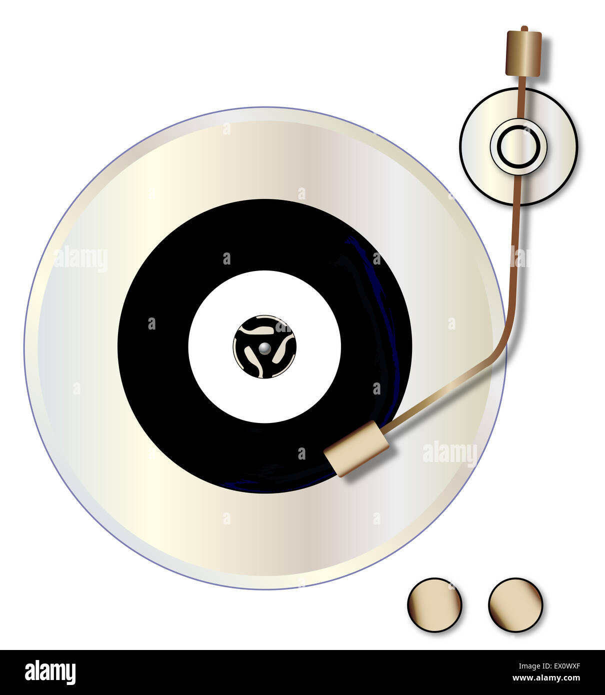 Un disque vinyle avec une étiquette vierge tournant sur un tourne-disque sur un fond blanc. Banque D'Images