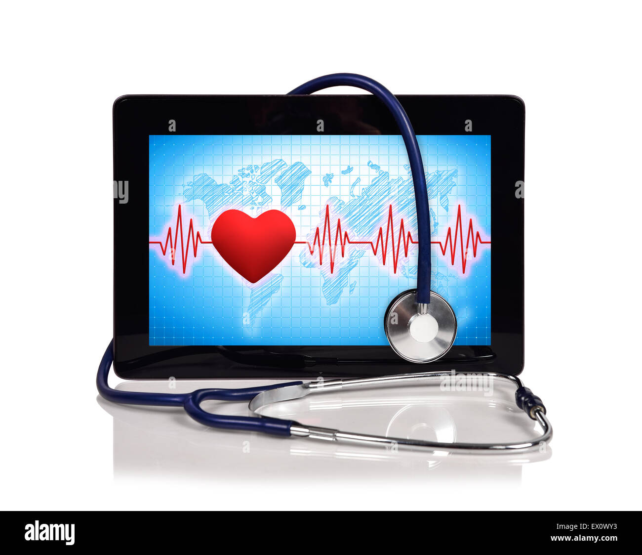 Tablette numérique à l'aide d'un stéthoscope et symbole Banque D'Images