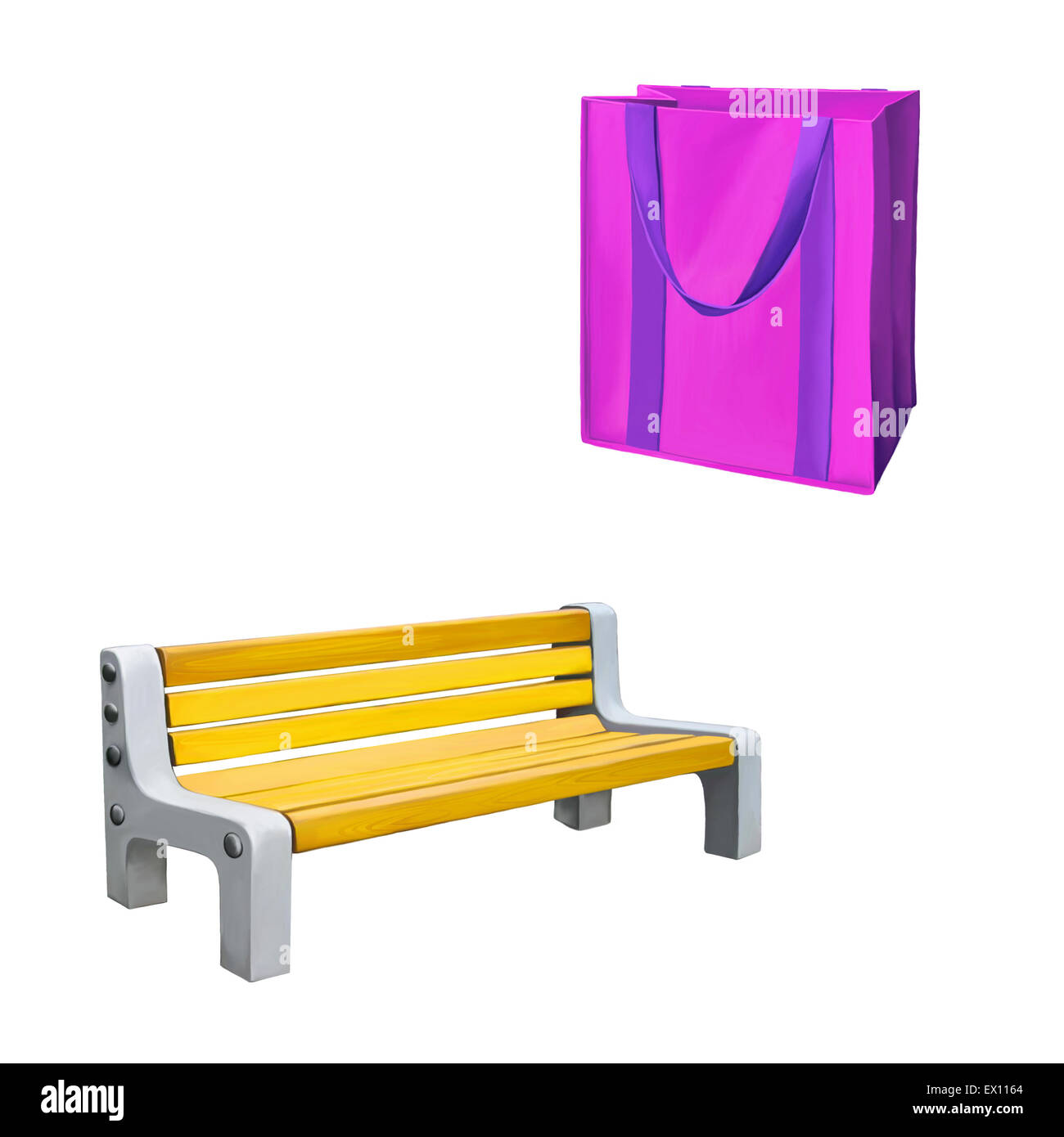 Sac shopping rose jaune pour l'épicerie, banc de parc Banque D'Images