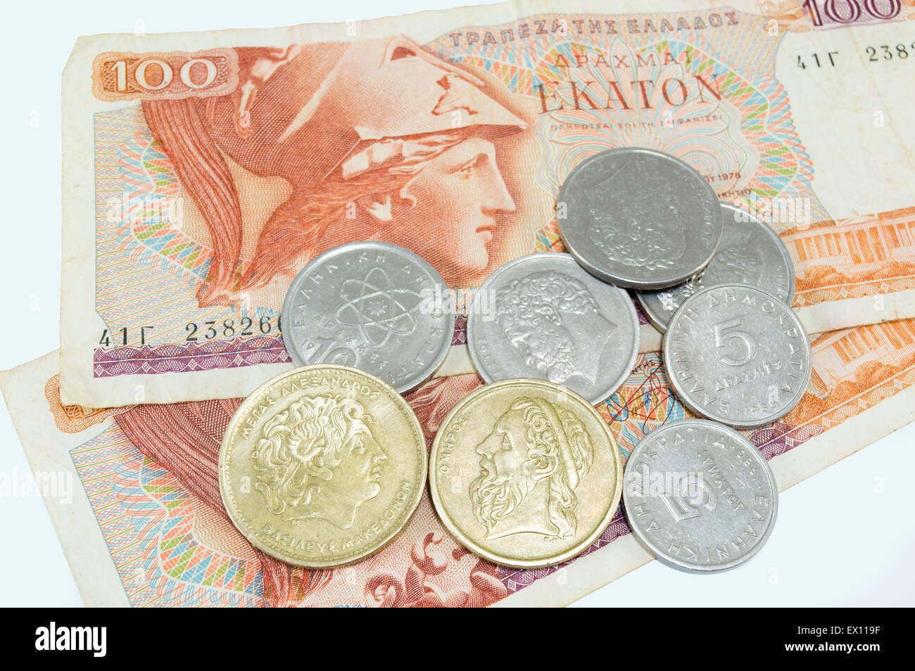 Vieux billets de monnaie grecque drachme sur fond blanc Banque D'Images