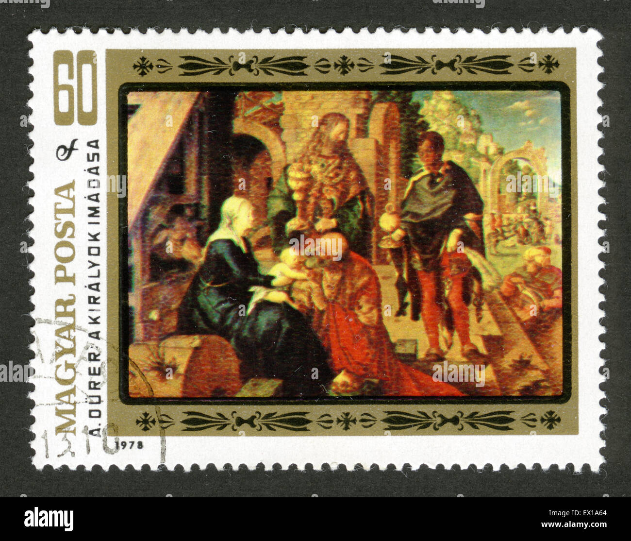 La Hongrie, la peinture,timbre-poste timbre-poste de la Hongrie,représentant l'Albrecht Durer peinture ''Adoration des Mages' 1504 Banque D'Images