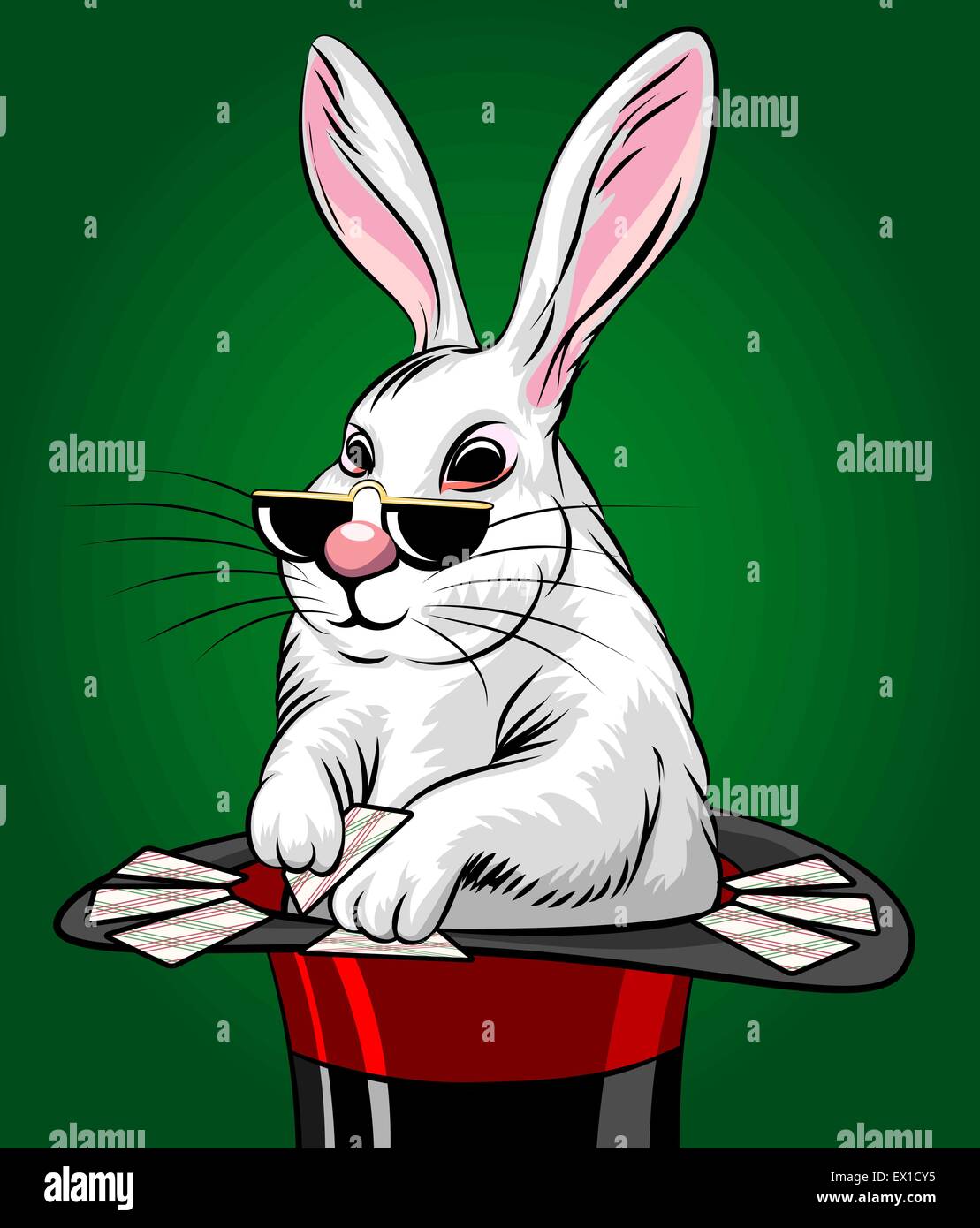 Illustration de lapin au chapeau magique avec des cartes à jouer. Illustration dans le style cartoon. Illustration de Vecteur